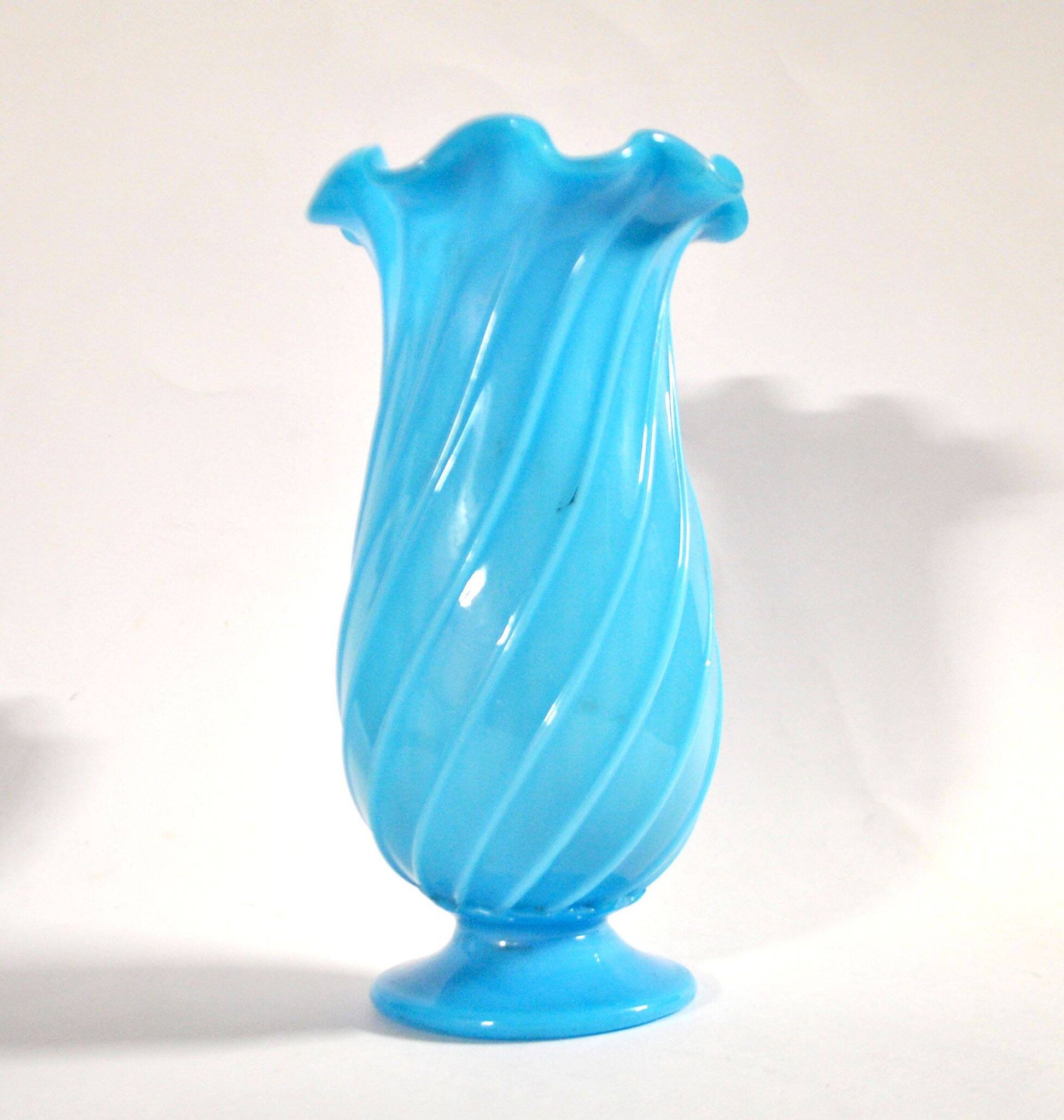 Vallerysthal antique vase in blown turquoise opaline with twisted ribs.