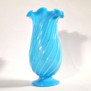 Vallerysthal antique vase in blown turquoise opaline with twisted ribs.