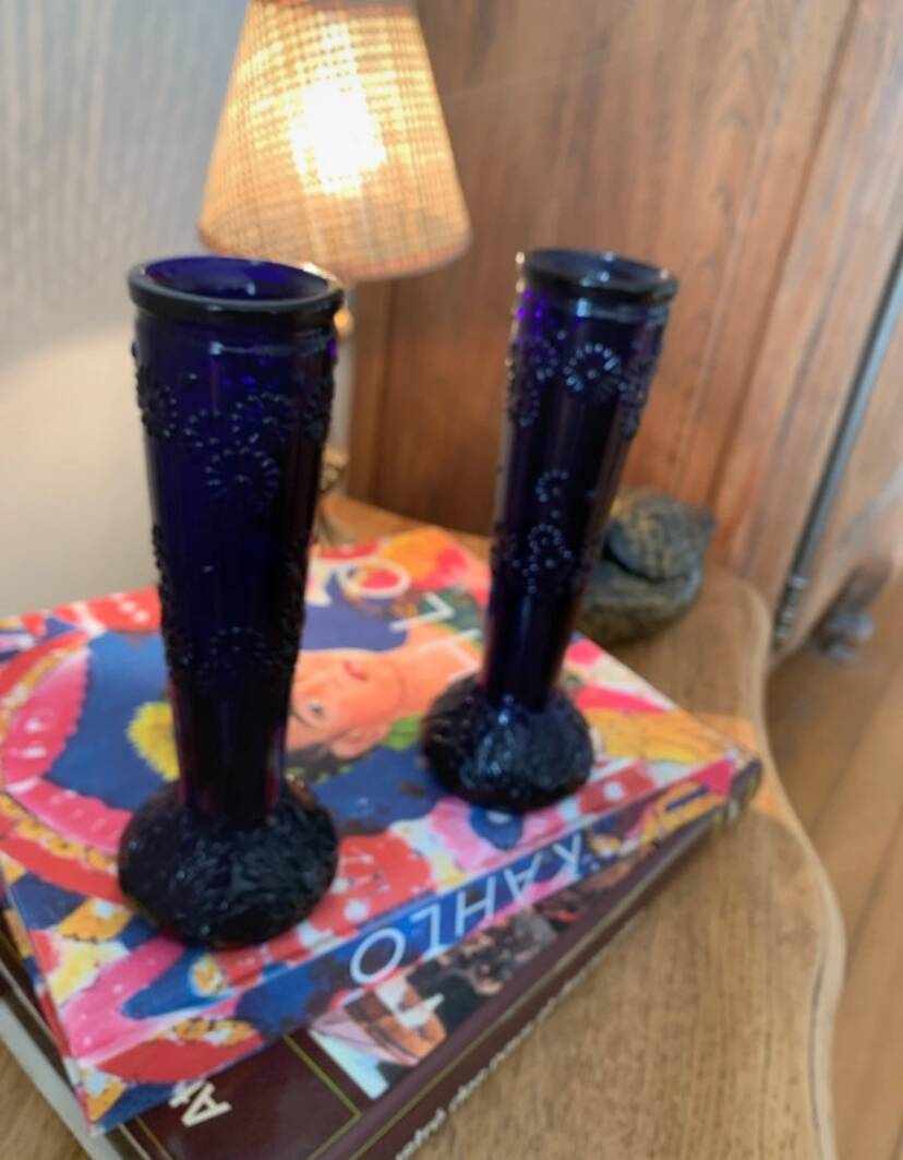 2 vintage cobalt blue pressed glass vases