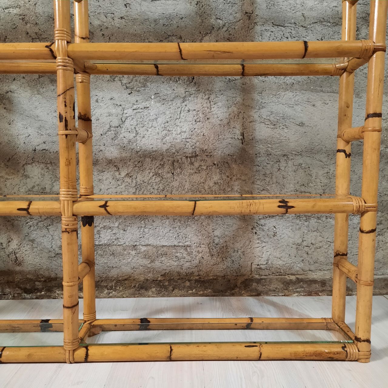 Bookcase, vintage bamboo shelf with glass shelves