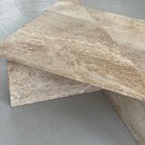 Pair of triangular travertine tables