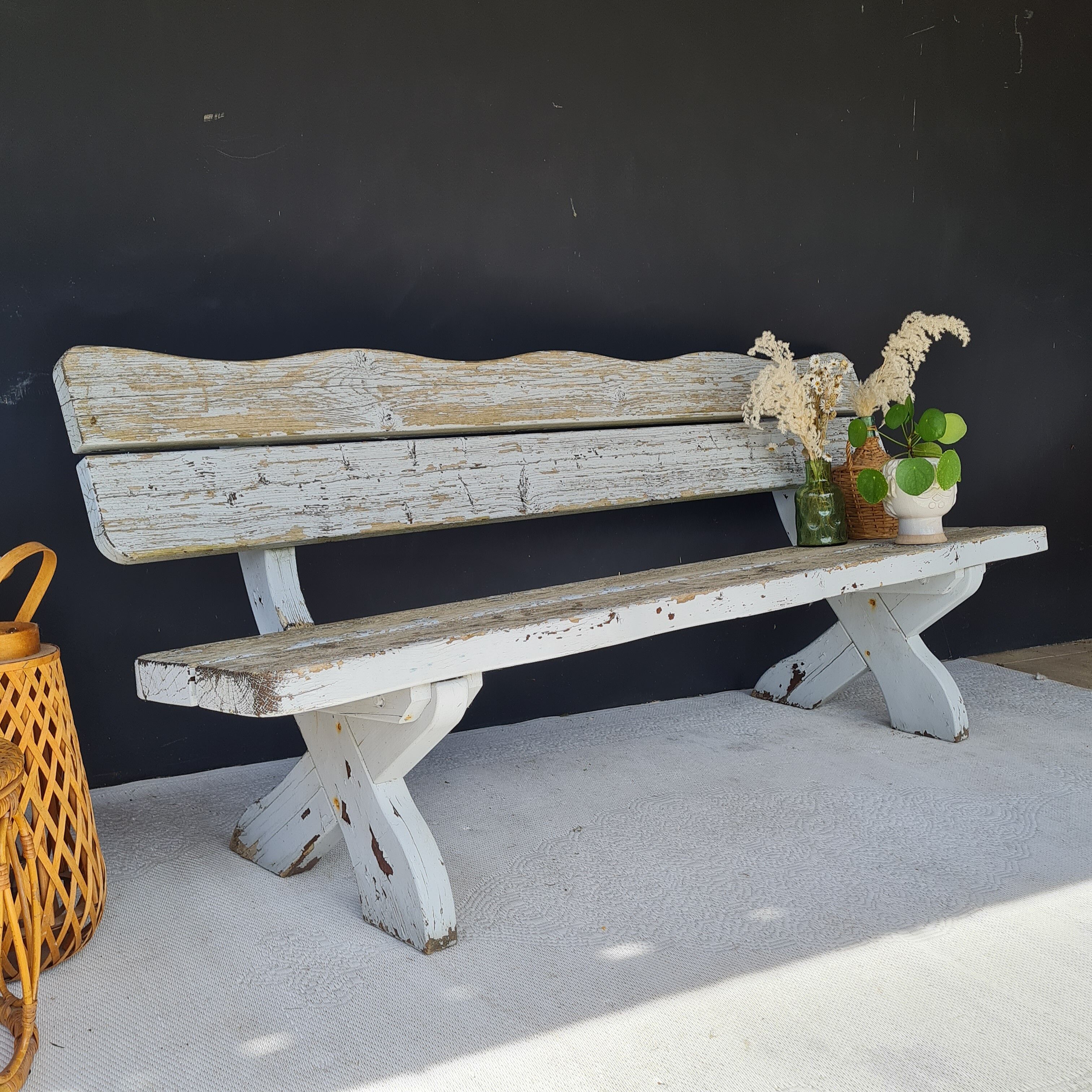 Exterior bench in patinated white solid wood