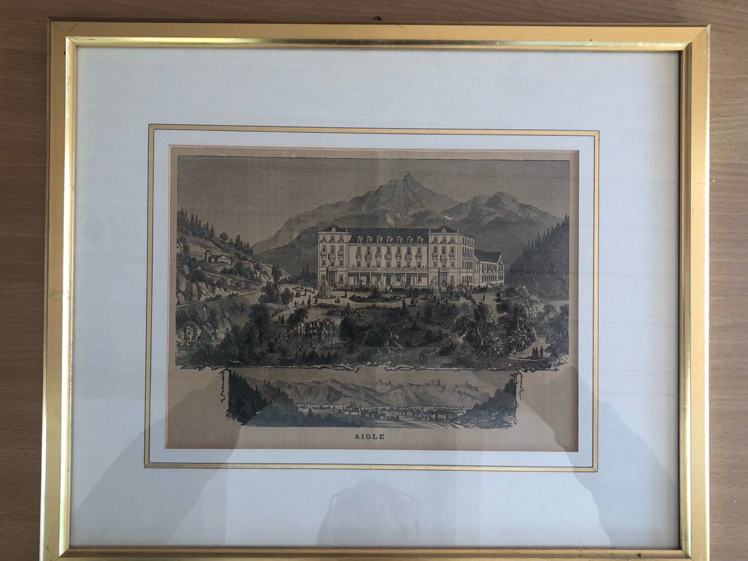 Antique engraving of Aigle Castle, Switzerland, with a gilded frame
