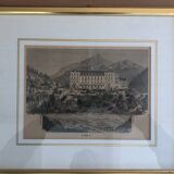Antique engraving of Aigle Castle, Switzerland, with a gilded frame