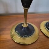 Pair of brass and black hard stone candlesticks