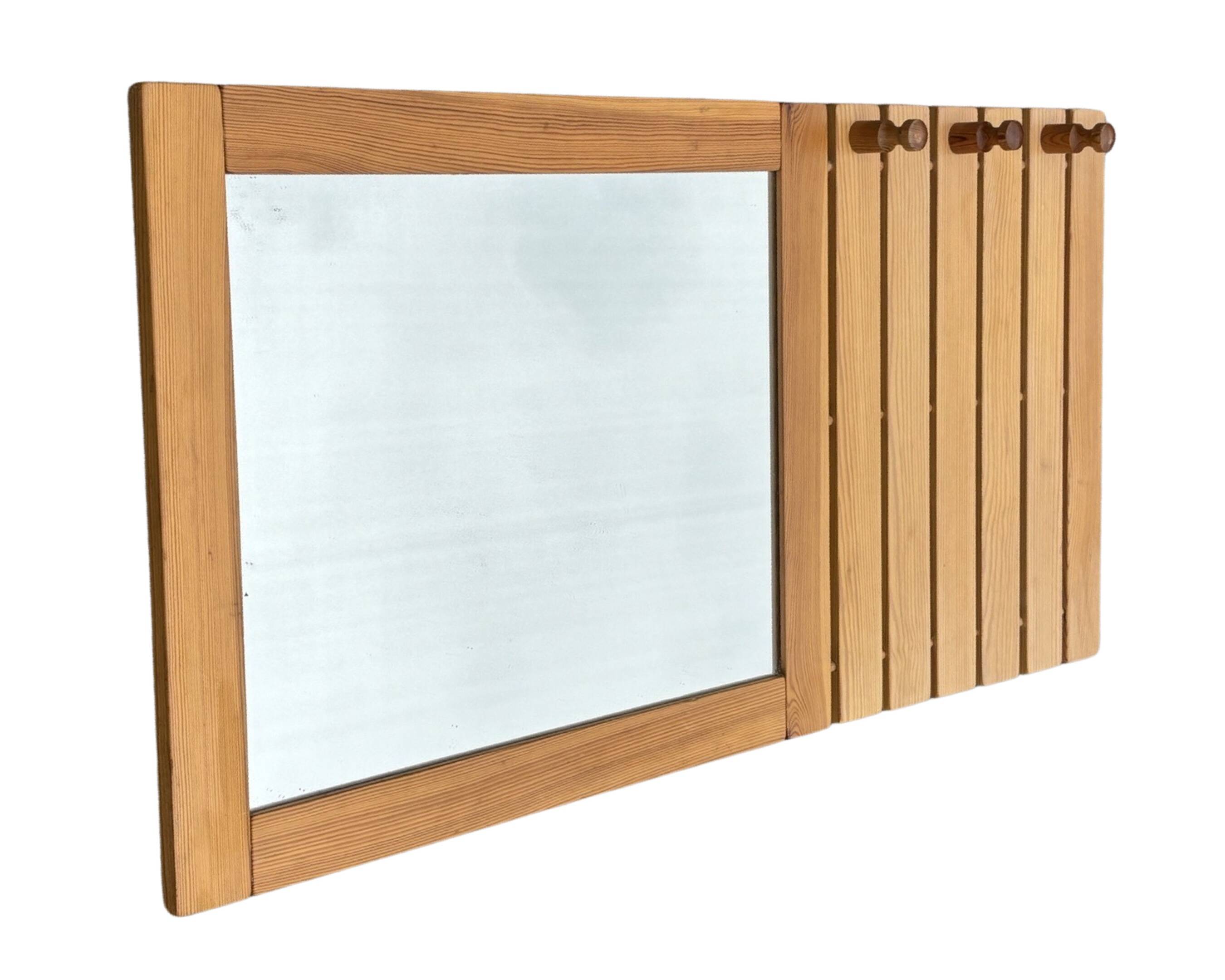 Vintage Pine Pinewood coat rack with mirror - 1970s design