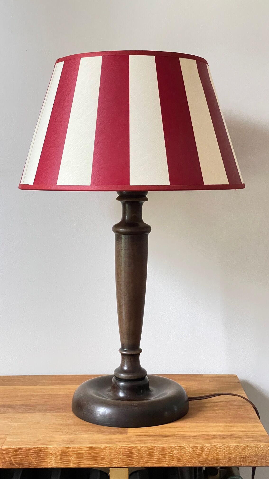 Wooden table lamp and striped lampshade