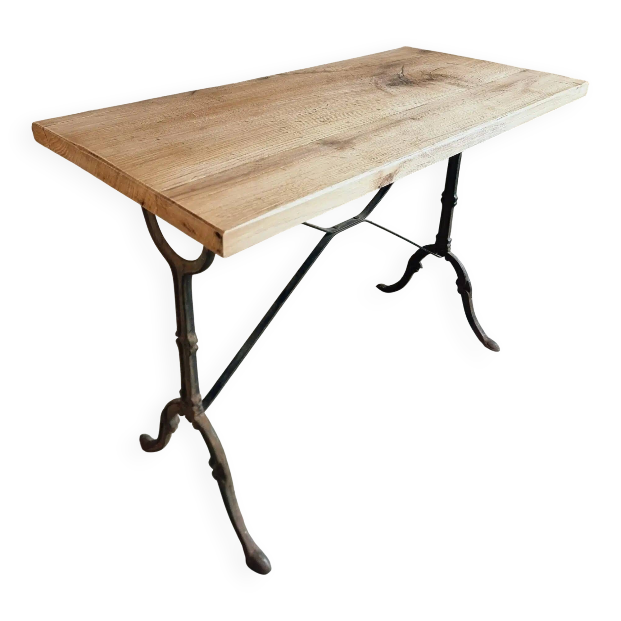 Vintage French bistro table - 1960s/70s cast iron base with solid oak top - retro coffee or wine table