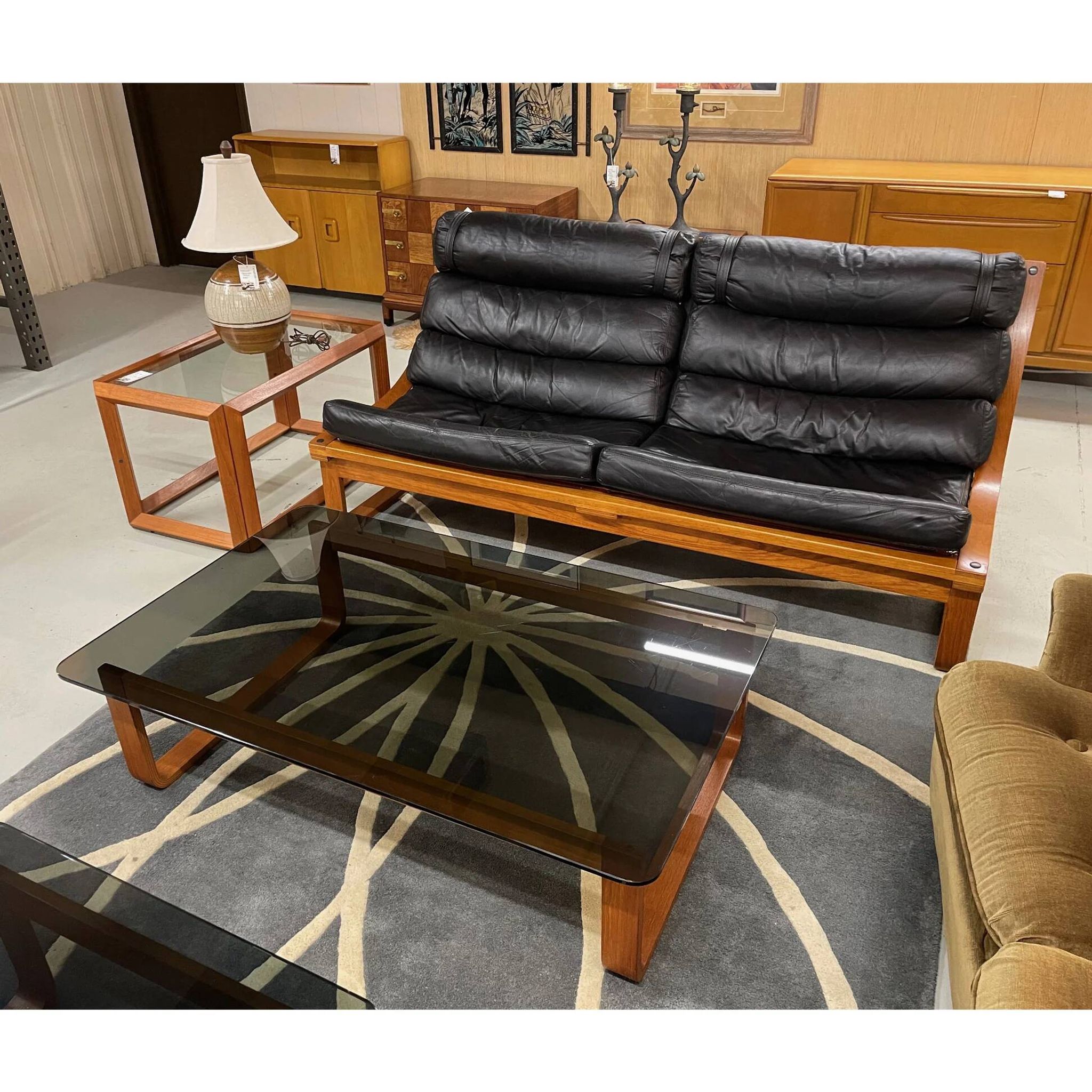 T4 black leather and teak sofa by Fred Lowen for Tessa, 1970s