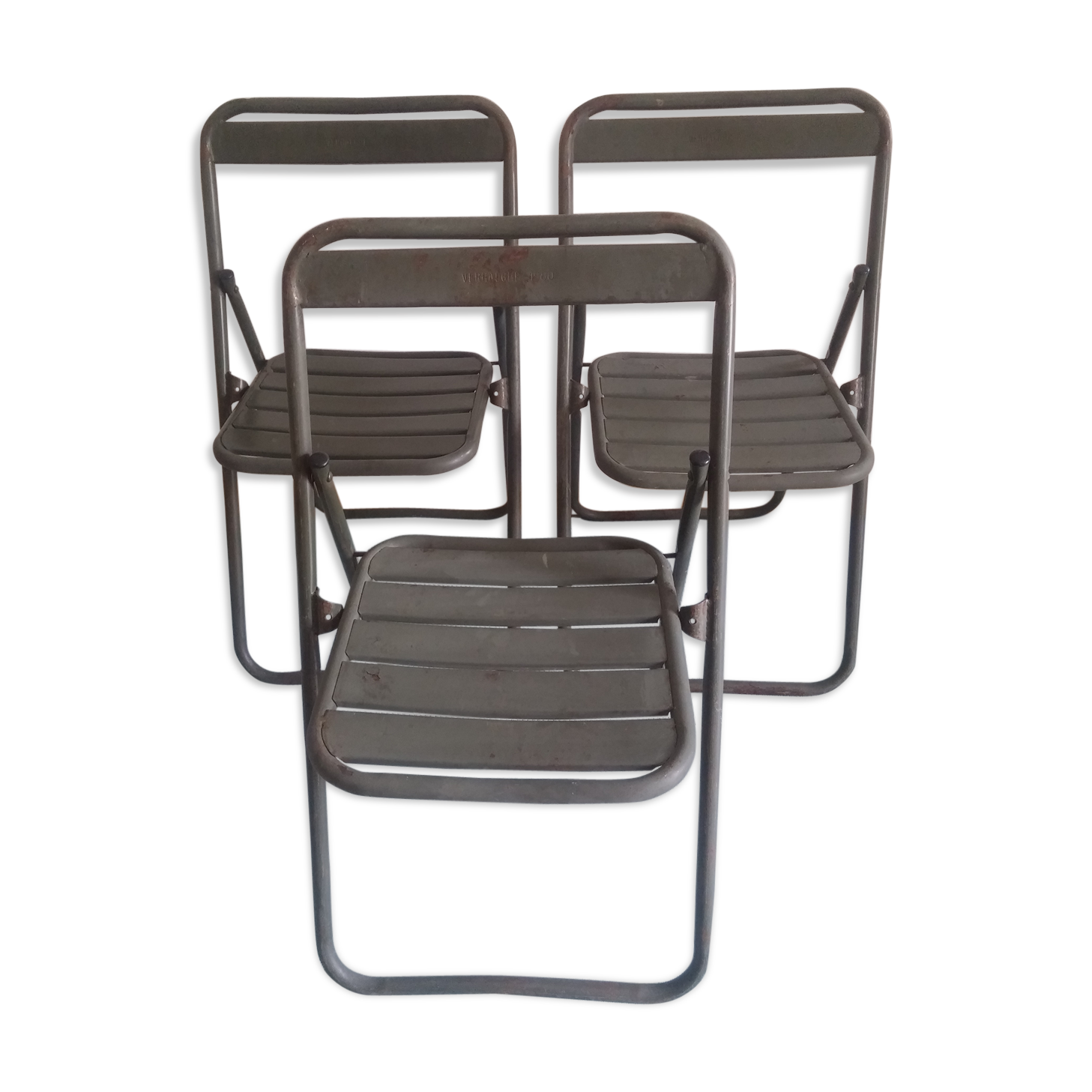 Lot of 3 folding chairs in vintage khaki military metal