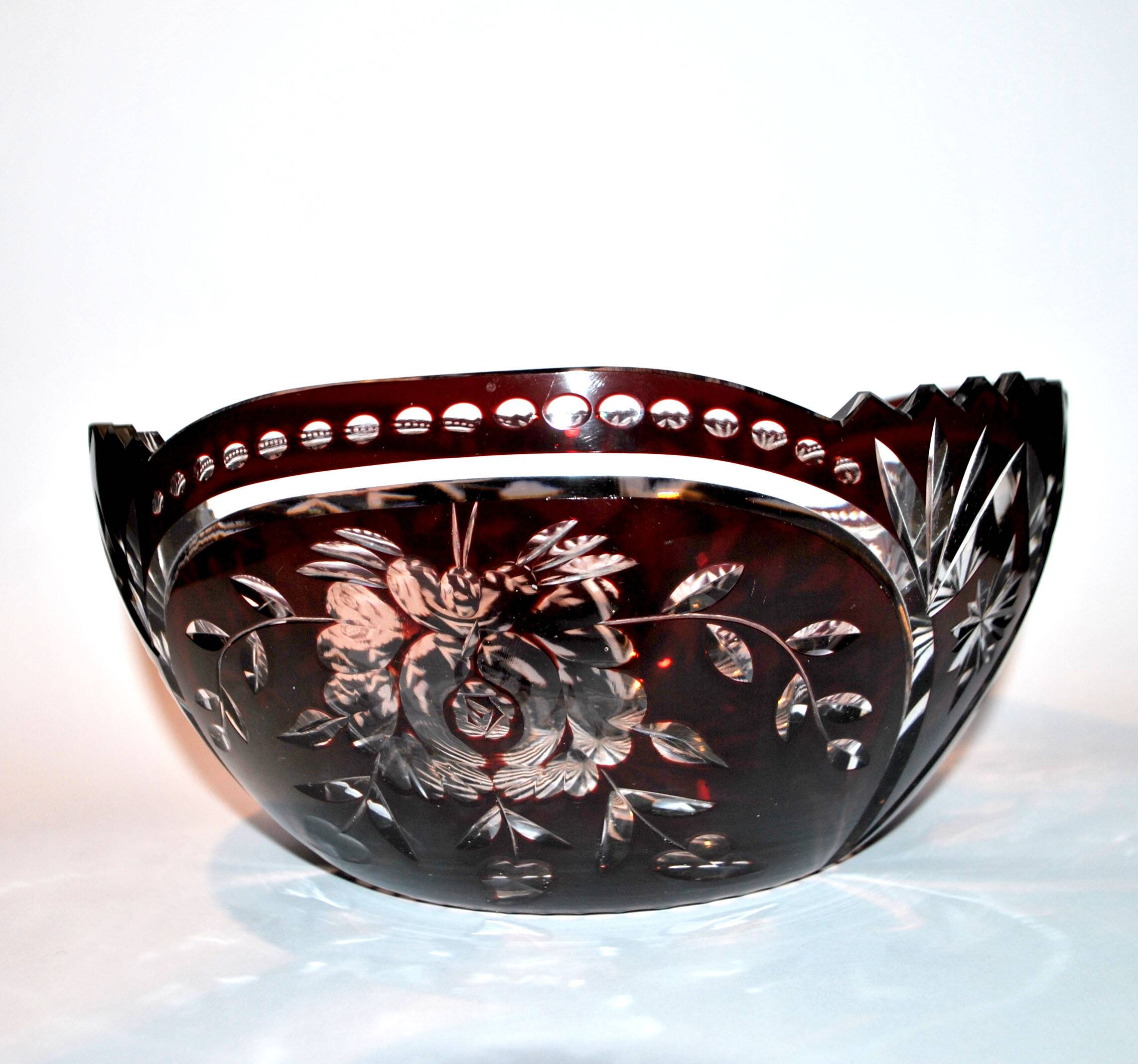 Saint-Louis Crystal Salad Bowl? Lined with Red Bordeaux Overlay Floral