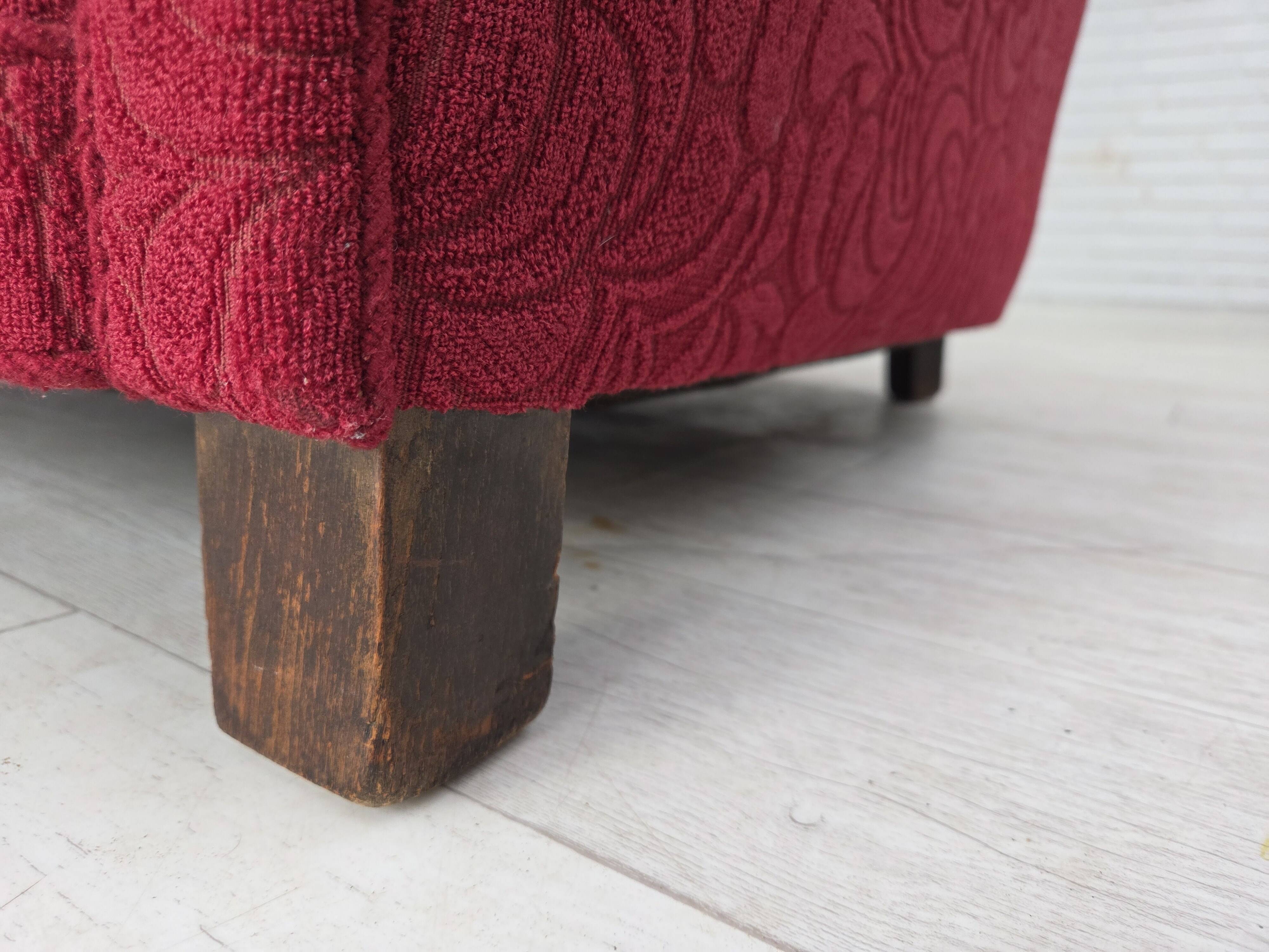 1950s, Danish relax armchair, red furniture fabric, ash wood legs.