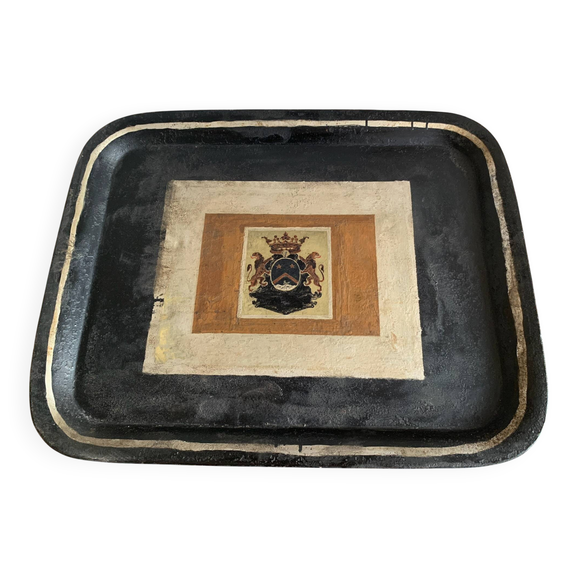 Large antique painted tin platter Napoleon III – Heraldic Coat of Arms Crown