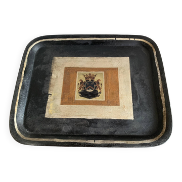 Grand plateau ancien en tôle peinte Napoléon III – Blason Héraldique Couron