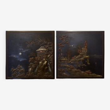 2 tableaux asiatiques en bois peint