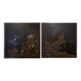 2 tableaux asiatiques en bois peint