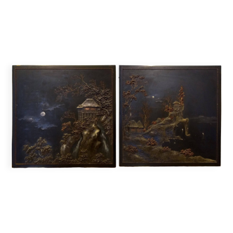 2 tableaux asiatiques en bois peint