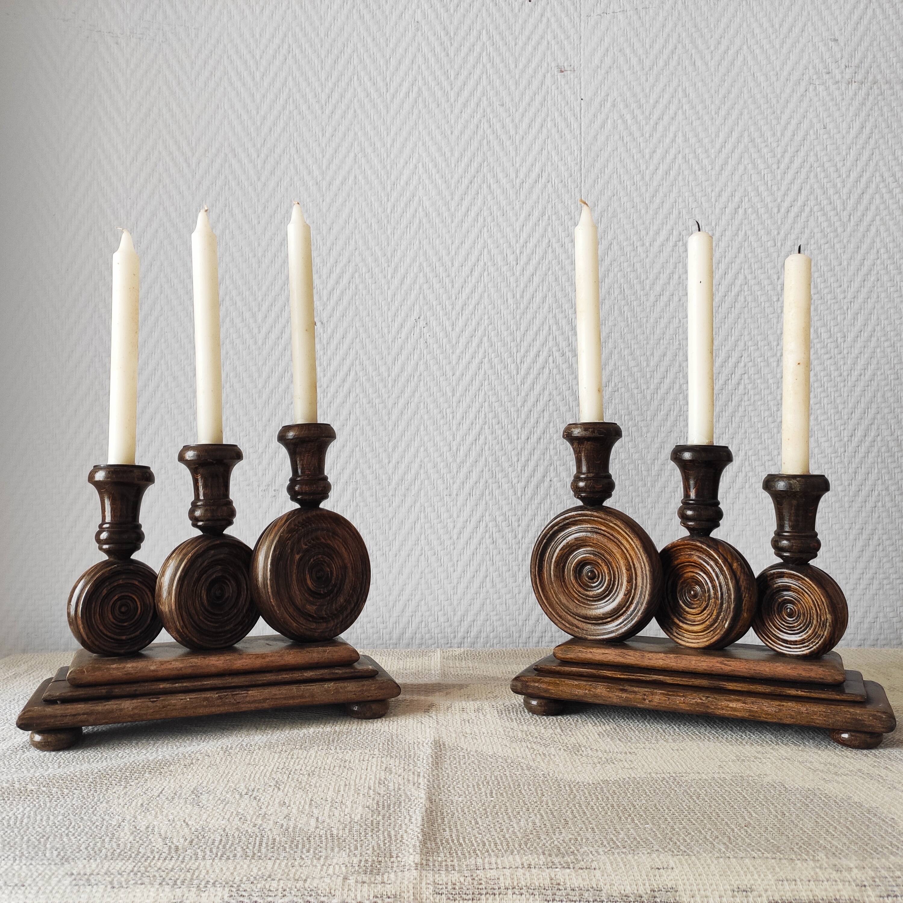 Brutalist turned wood candlestick holders – vintage 50s-60s