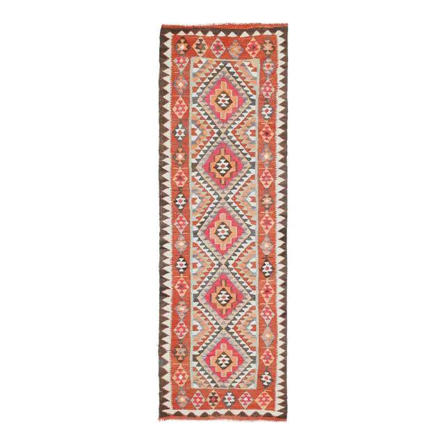 1970s vintage Turkish hand-knotted wool cotton brown runner rug 90x286