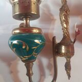 Pair of vintage wall lights in gold metal, green ceramic and glass globe