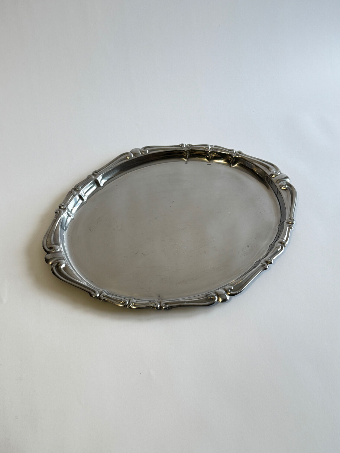 Vintage Mid Century Modern Baroque pattern stainless steel serving tra