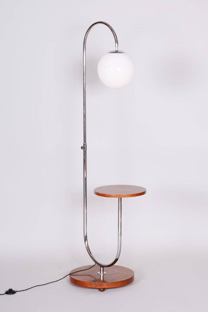 Bauhaus Adjustable Floor Lamp in Walnut and Chrome attributed to R. Slezák, Czech, 1930s