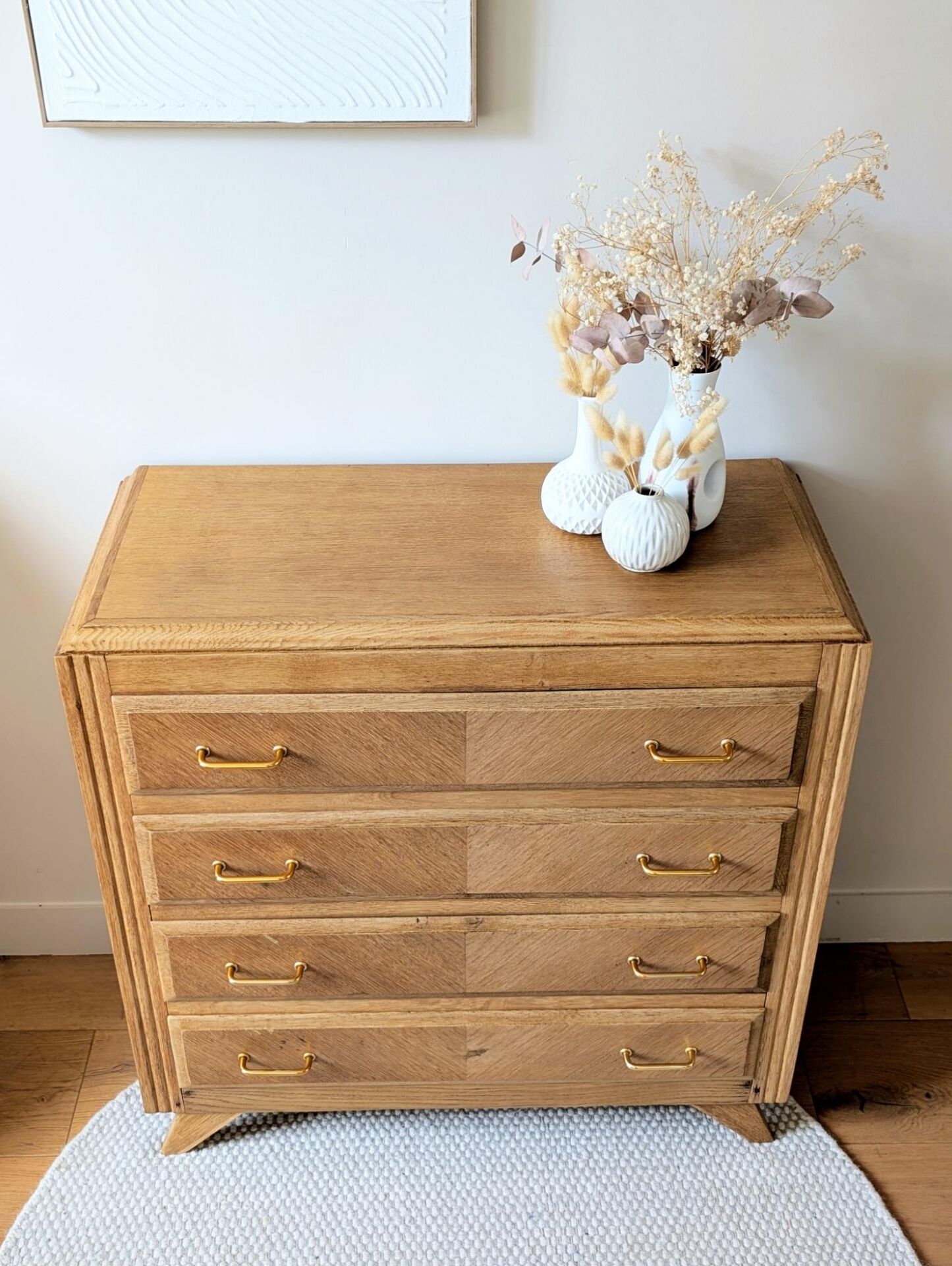 Commode vintage rénovée, chêne blond, pieds compas, années 50 60