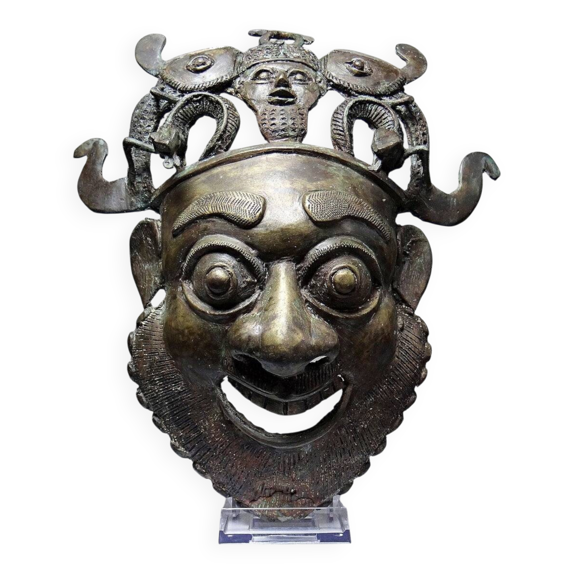 Masque africain en bronze vintage Bamoun, Cameroun