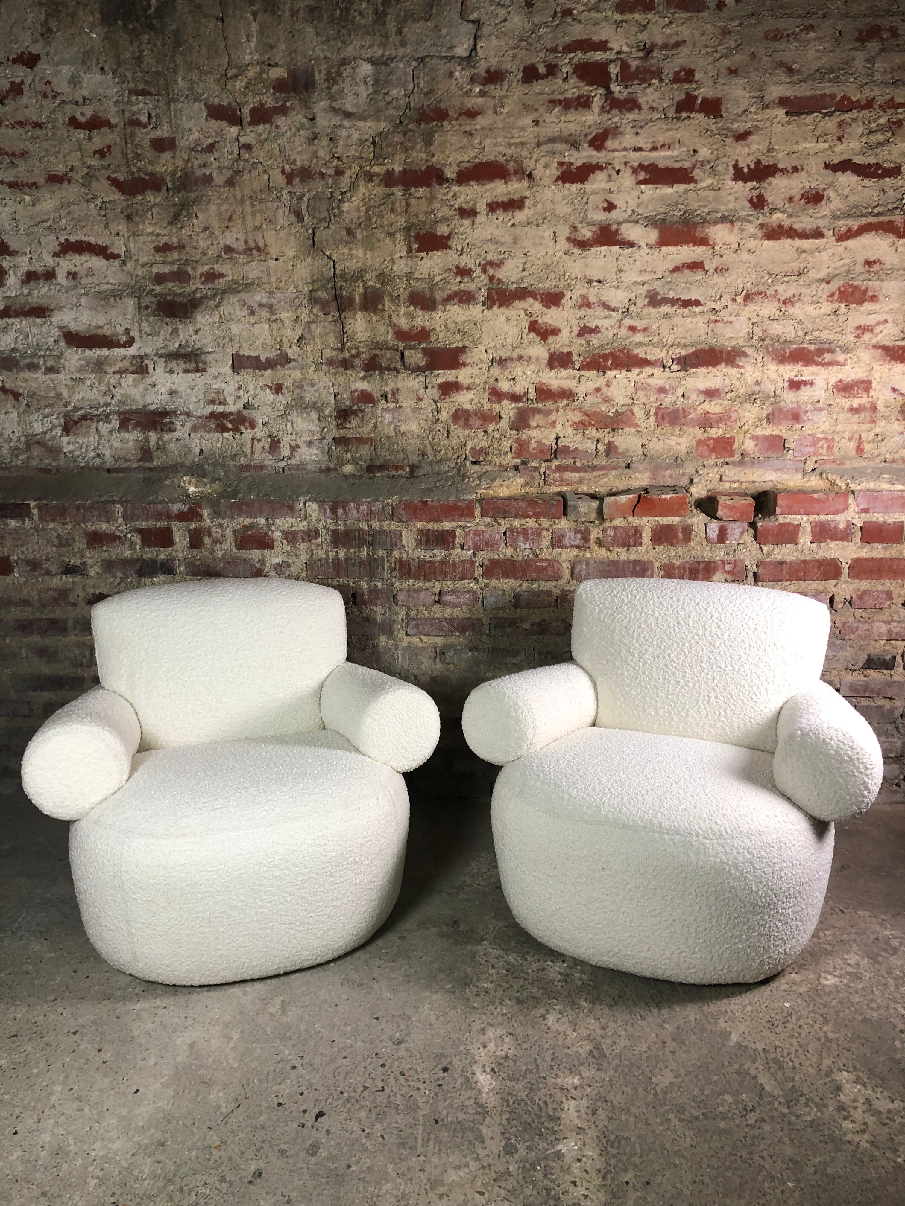 Armchairs (the pair) ecru in curly wool