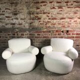 Armchairs (the pair) ecru in curly wool