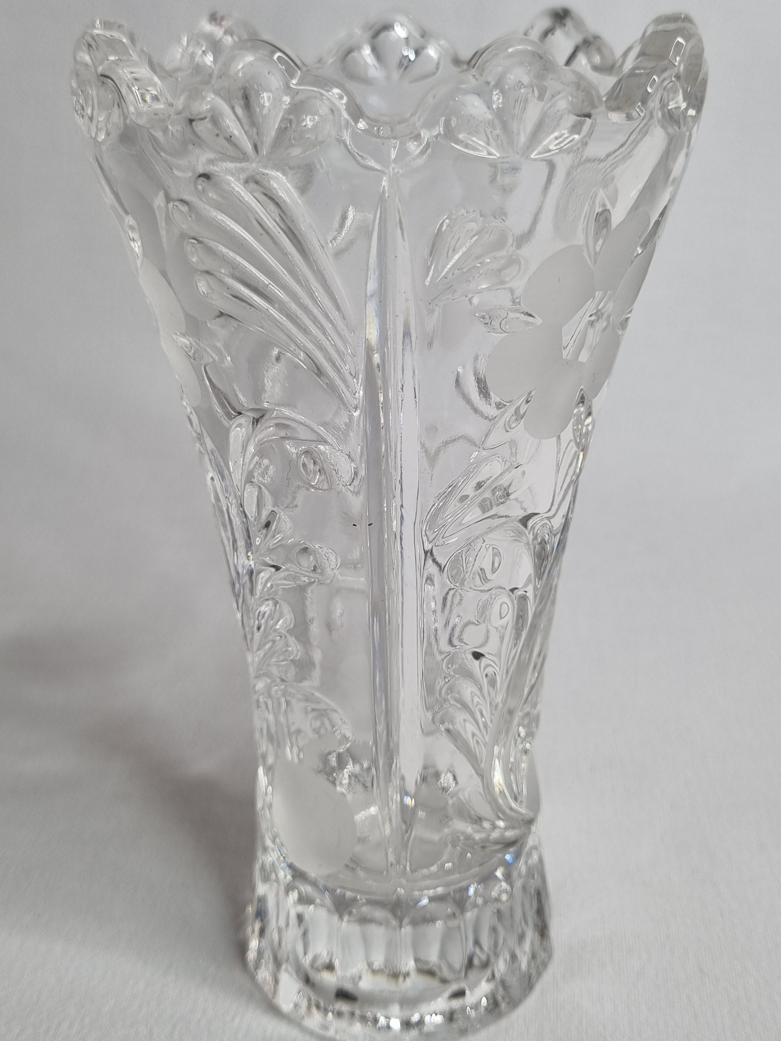 Pressed glass vase decorated with flowers, 50s