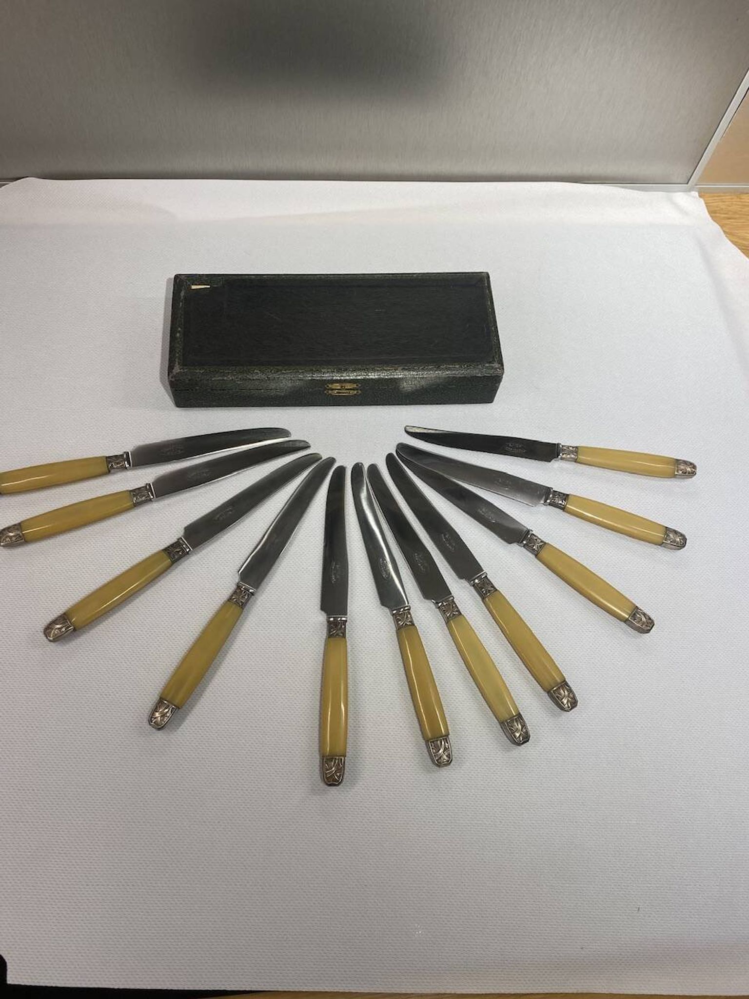 11 couteaux art déco, Bakélite et plaqué argent dans un coffret
