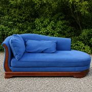 Large vintage cobalt blue chaise longue in fabric and wood – long chair 190