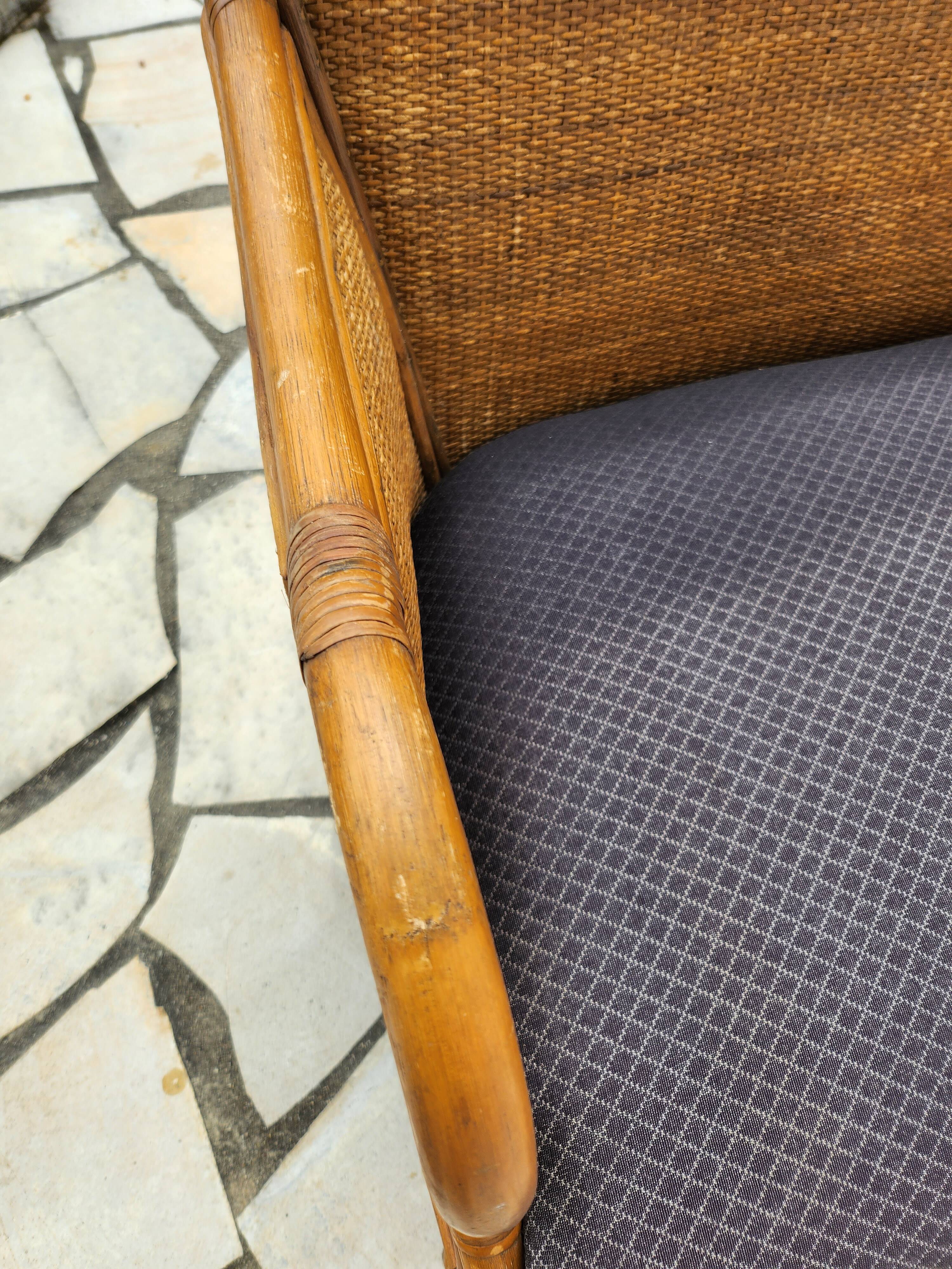 Vintage bench 2 places in rattan and woven rice straw.