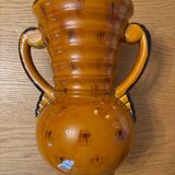 Old vase with brown ceramic handle + leaf decoration from the 70s vintage.