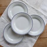 4 vintage Pyroblan Sarreguemines flat plates – Blue rim bistro style