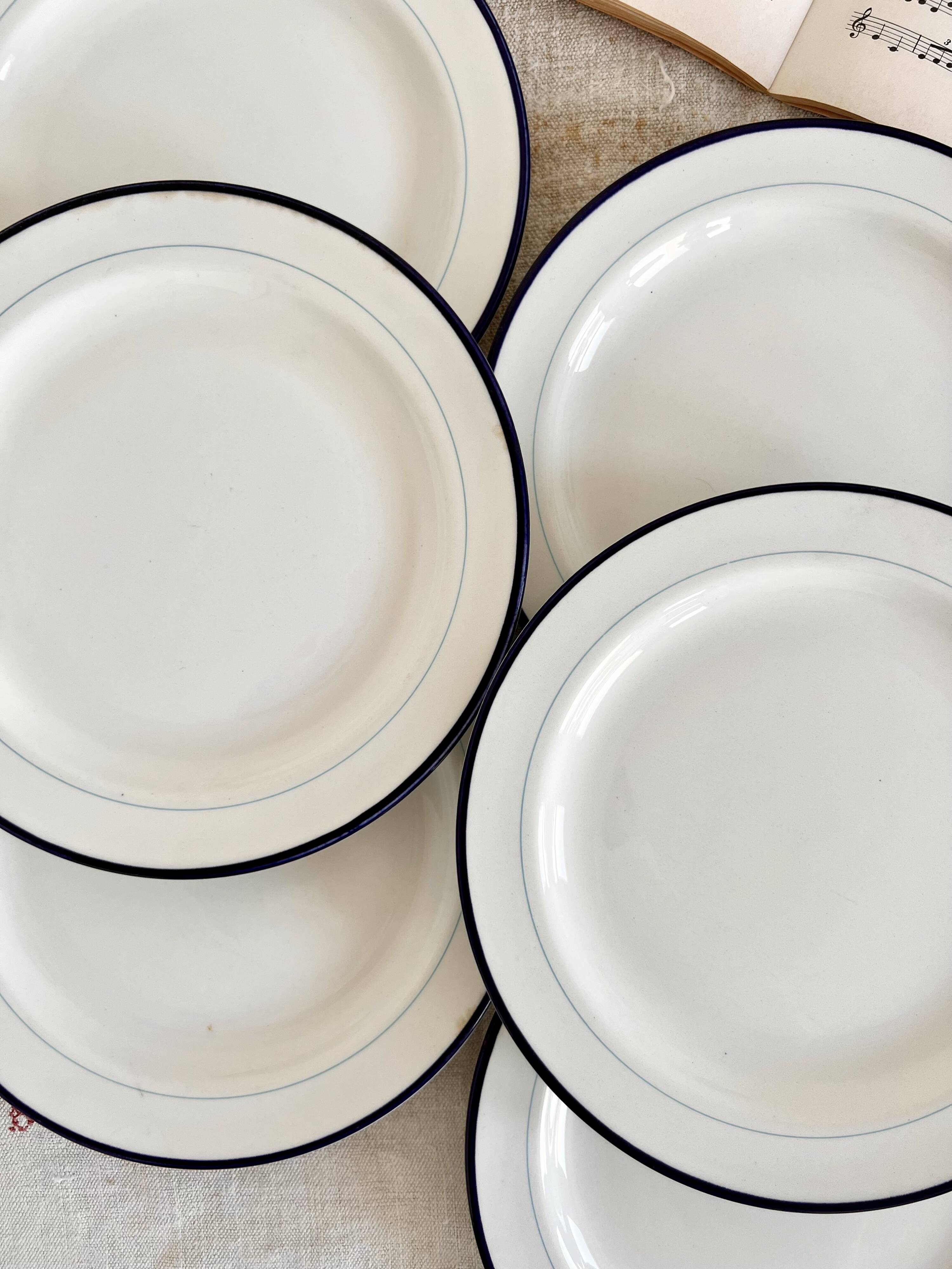 6 vintage Italian porcelain dessert plates with double blue edges