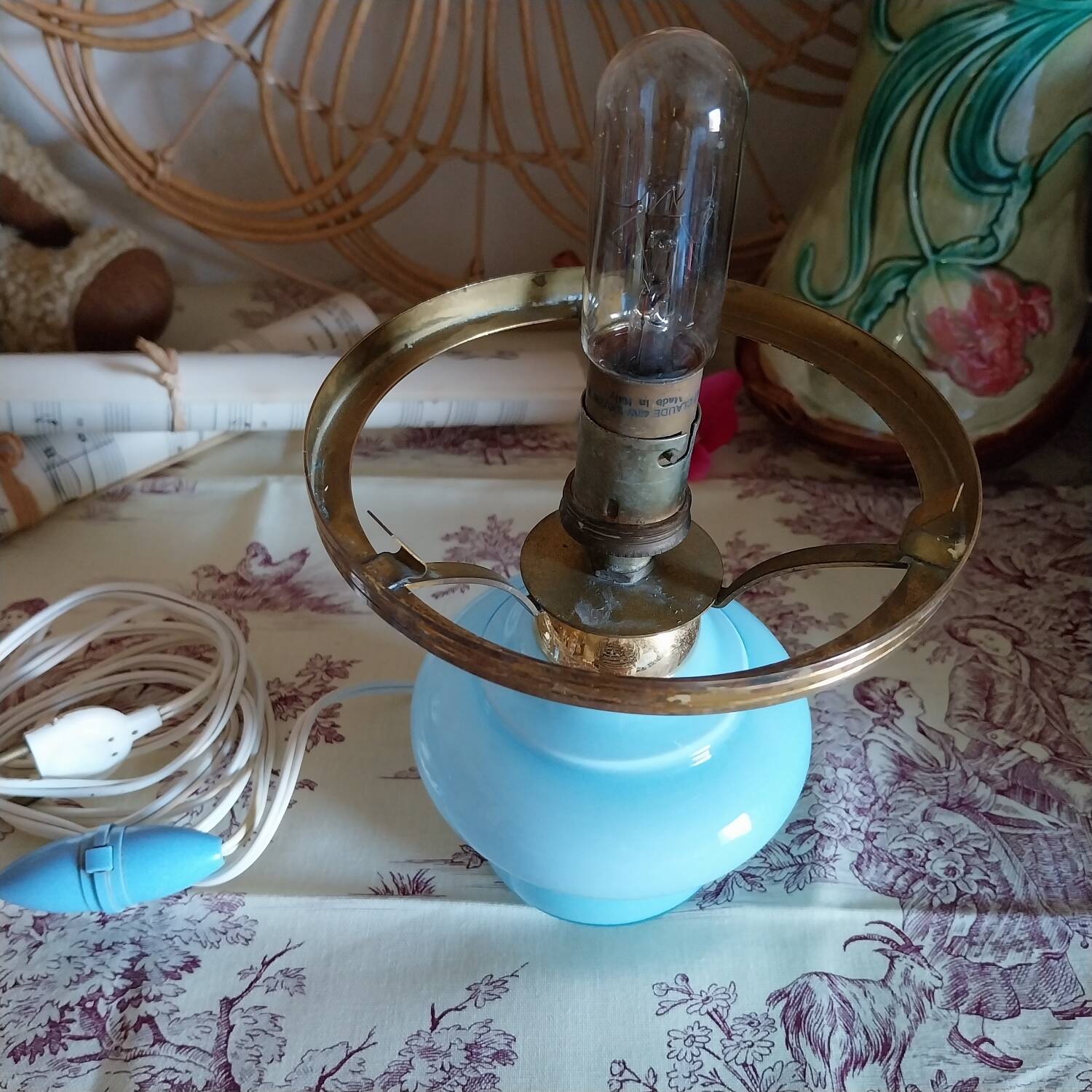Old lamp base in blue opaline and brass