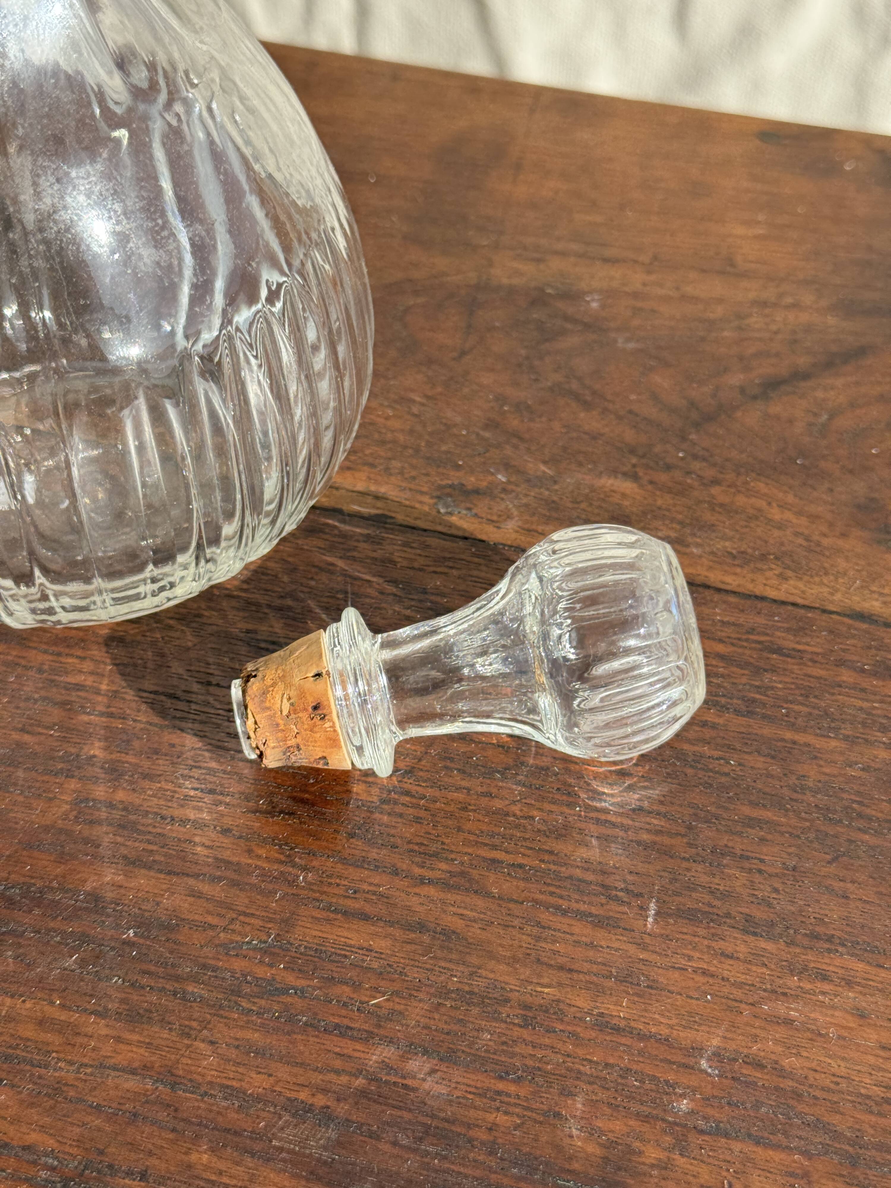 Vintage round-shaped glass carafe with cork stopper H27