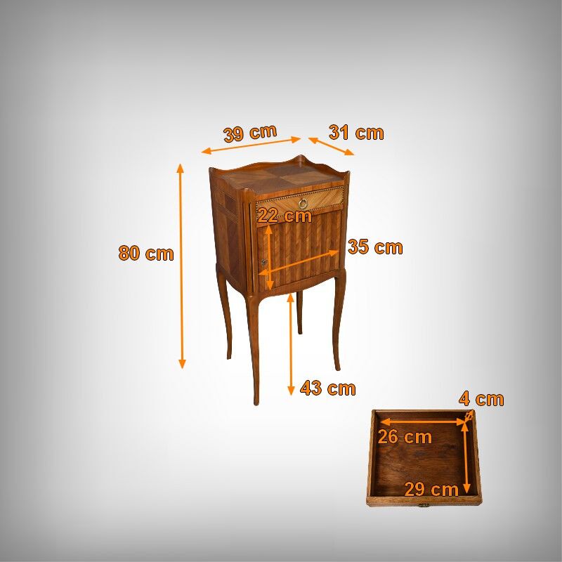 Living room table in marquetry, transitional style between Louis XV and Louis XVI – mid-20th century.