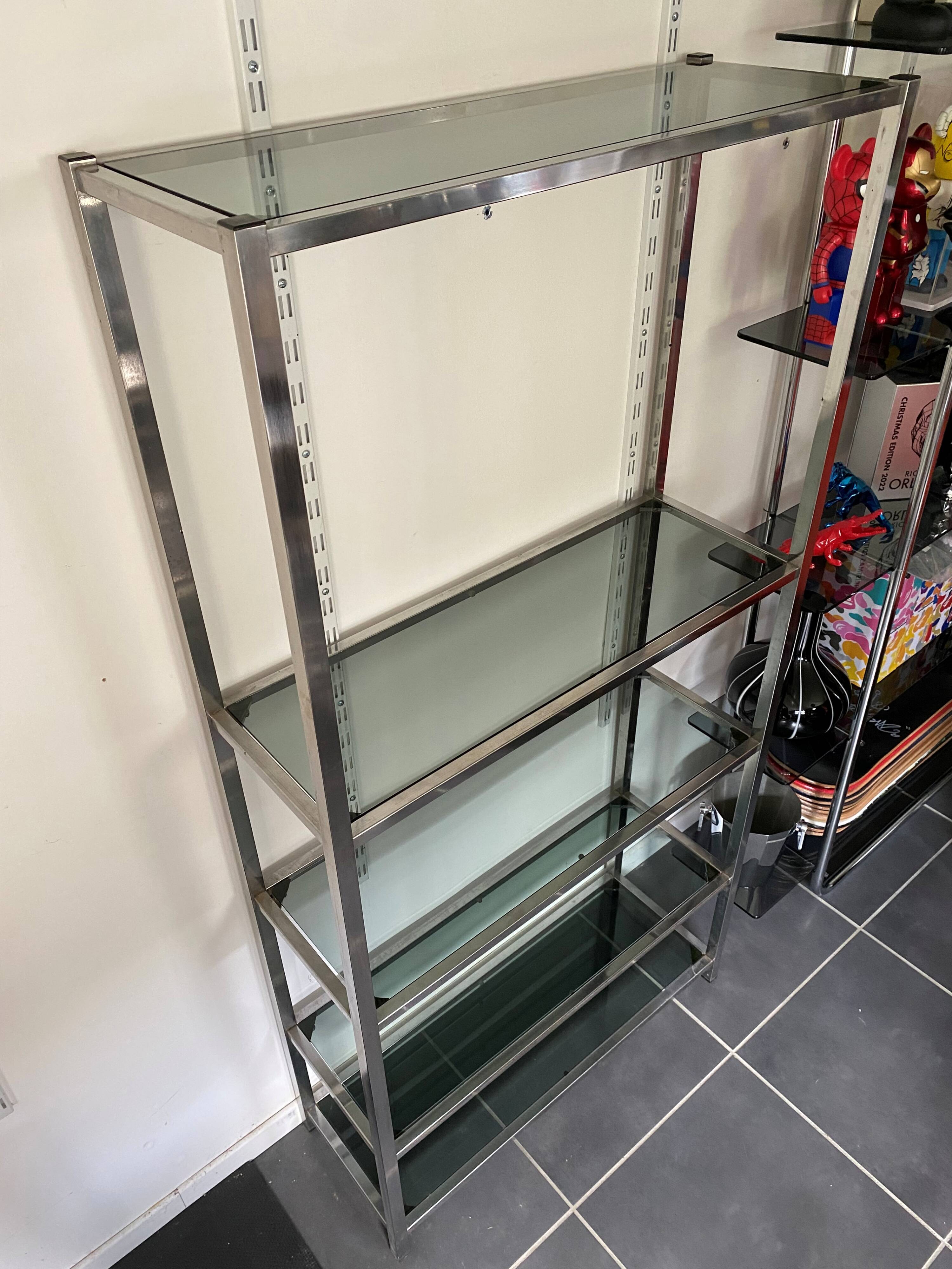 Vintage 1970s modular glass and chrome wall shelf display cabinet