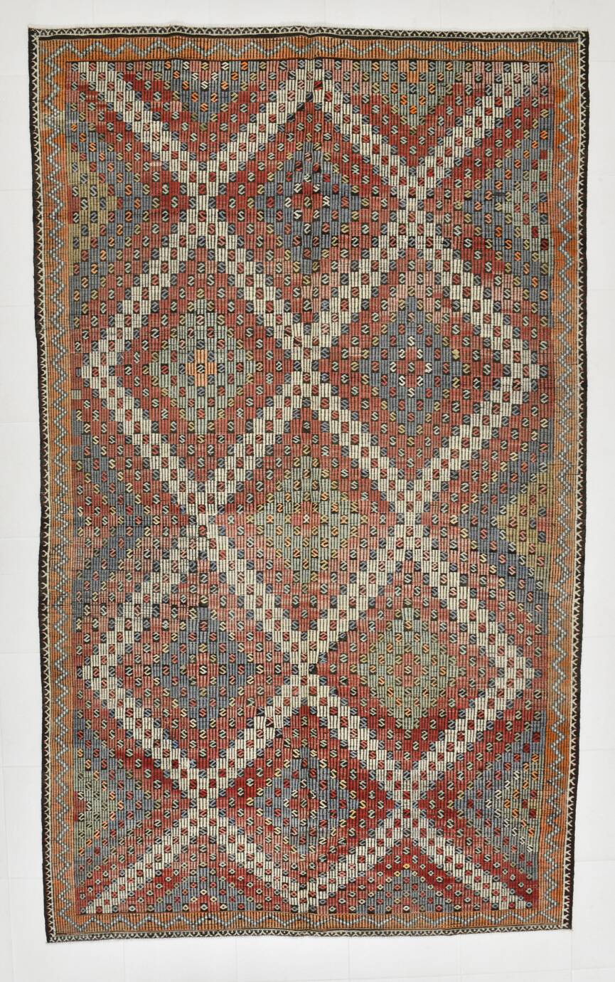 Burgundy & Green Turkish Vintage Kilim Rug