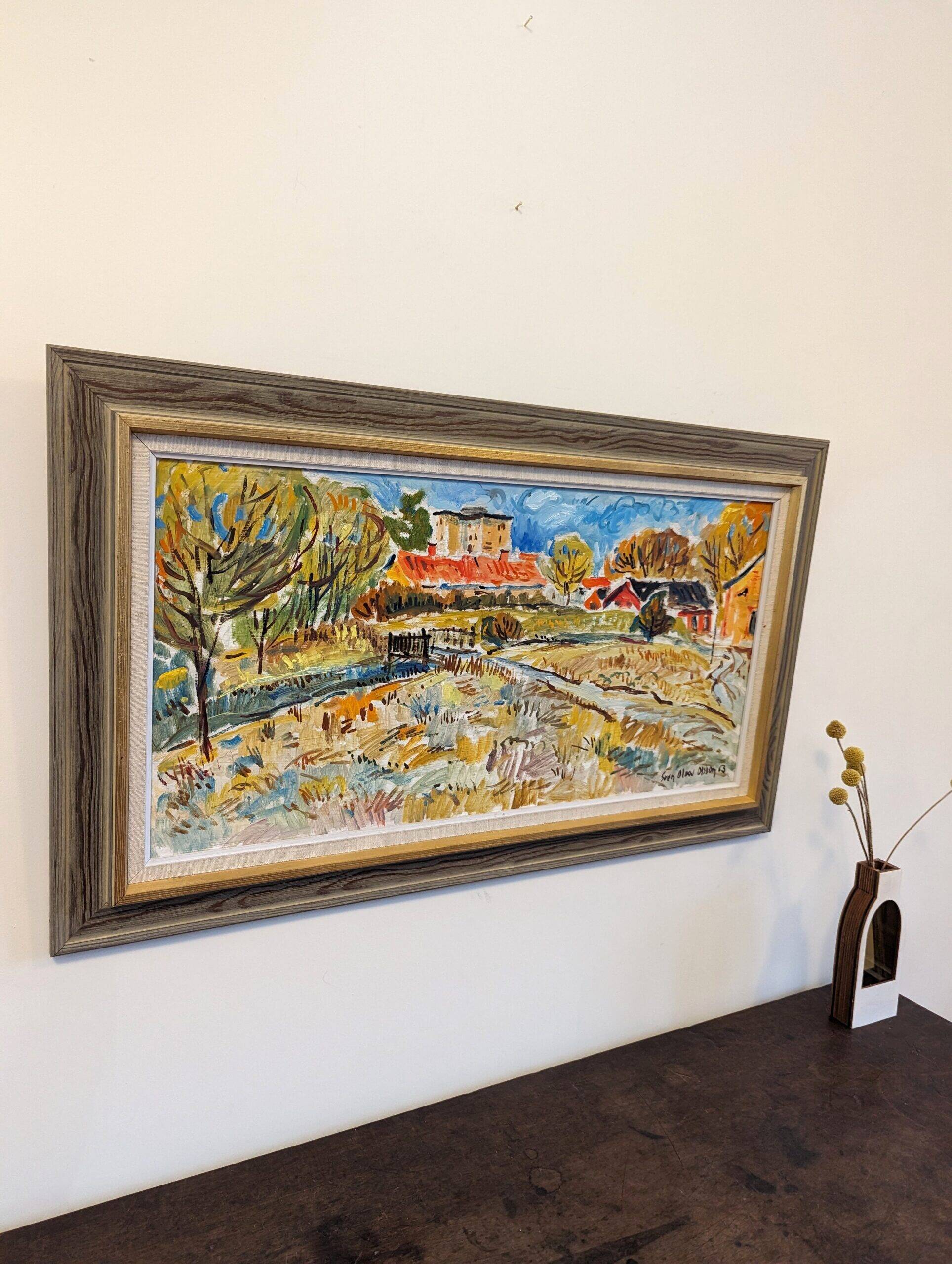 Mid-Century Modern Swedish "Fauvist Field" Vintage Landscape Oil Painting, Framed