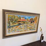 Mid-Century Modern Swedish "Fauvist Field" Vintage Landscape Oil Painting, Framed