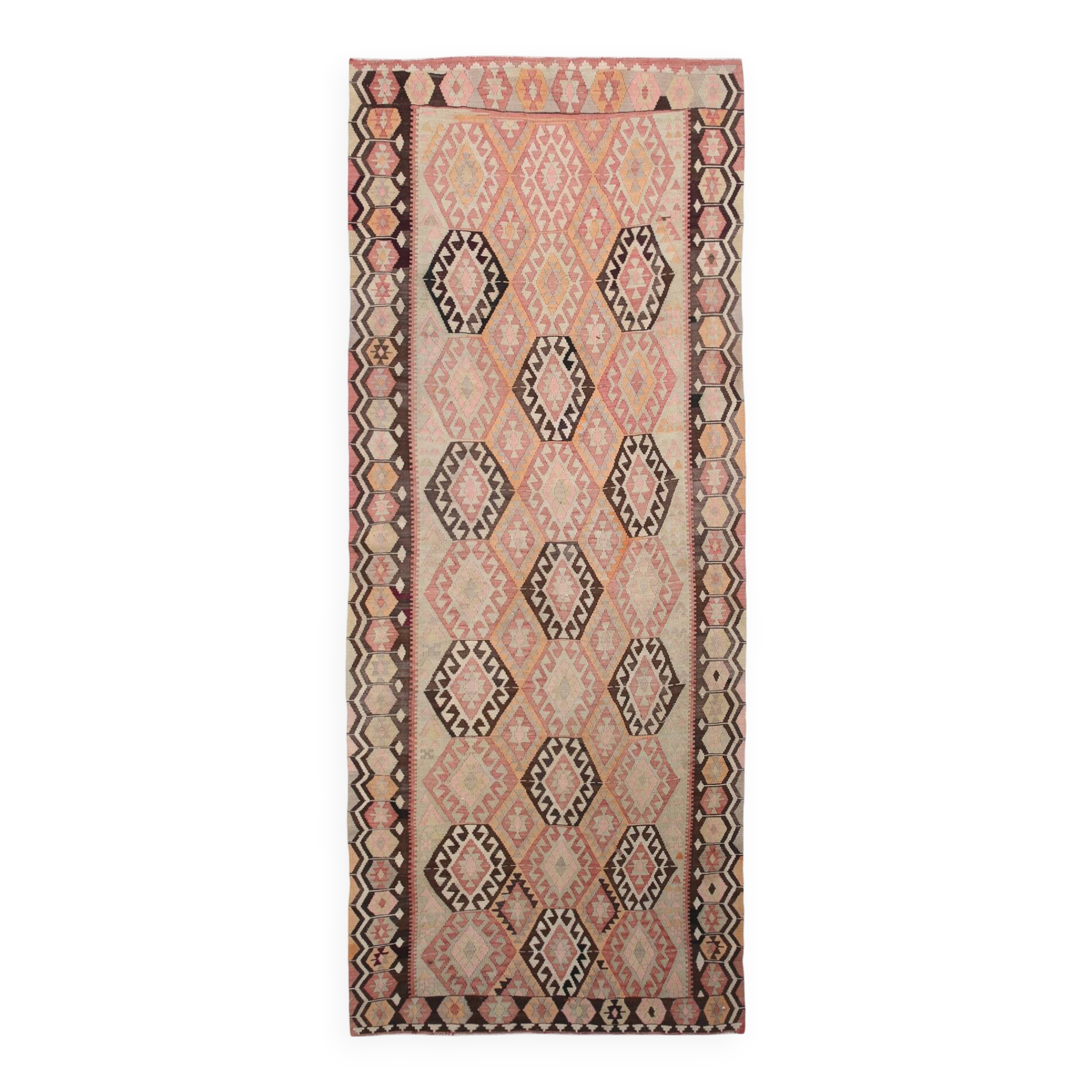 Turkish Vintage Kilim Rug: Shades Of Red Brown Handmade Wool Rug 160x417Cm