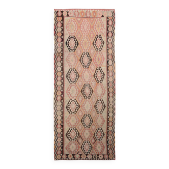 Turkish Vintage Kilim Rug: Shades Of Red Brown Handmade Wool Rug 160x417Cm