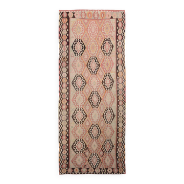 Turkish Vintage Kilim Rug: Shades Of Red Brown Handmade Wool Rug 160x417Cm