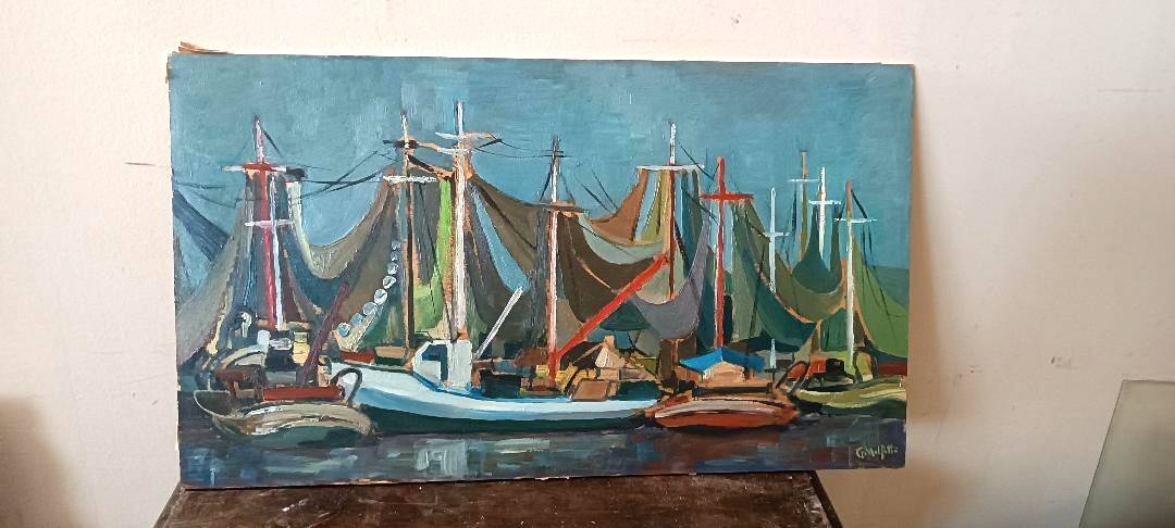 Oil painting on panel, seascape with boats - Signed, 50s/60s