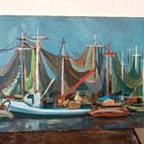 Oil painting on panel, seascape with boats - Signed, 50s/60s