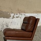 2 armchairs and 1 ottoman in brushed aluminium and brown leather, France 1970